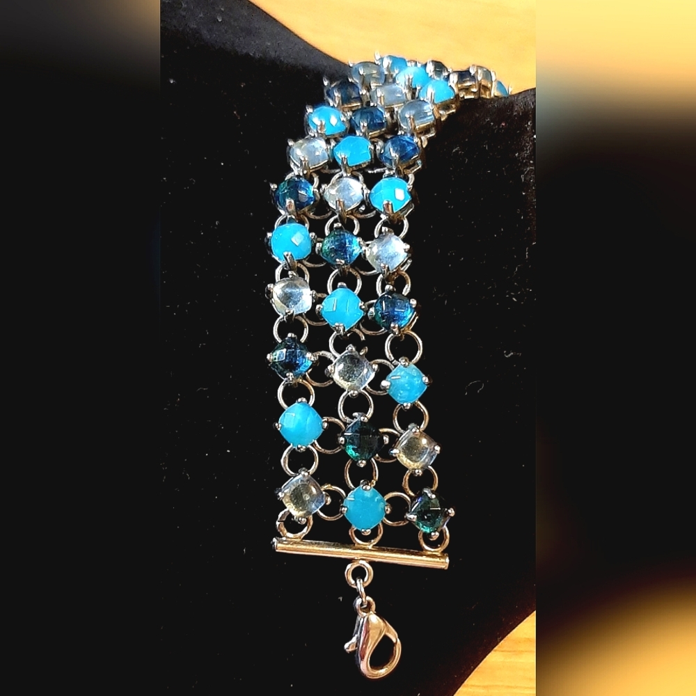 Blue Glass Beaded Silver Triple Strand Braclet
